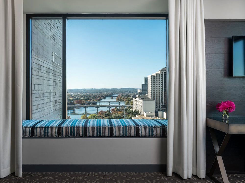 Cloth bench in a hotel overlooking Austin, Texas.