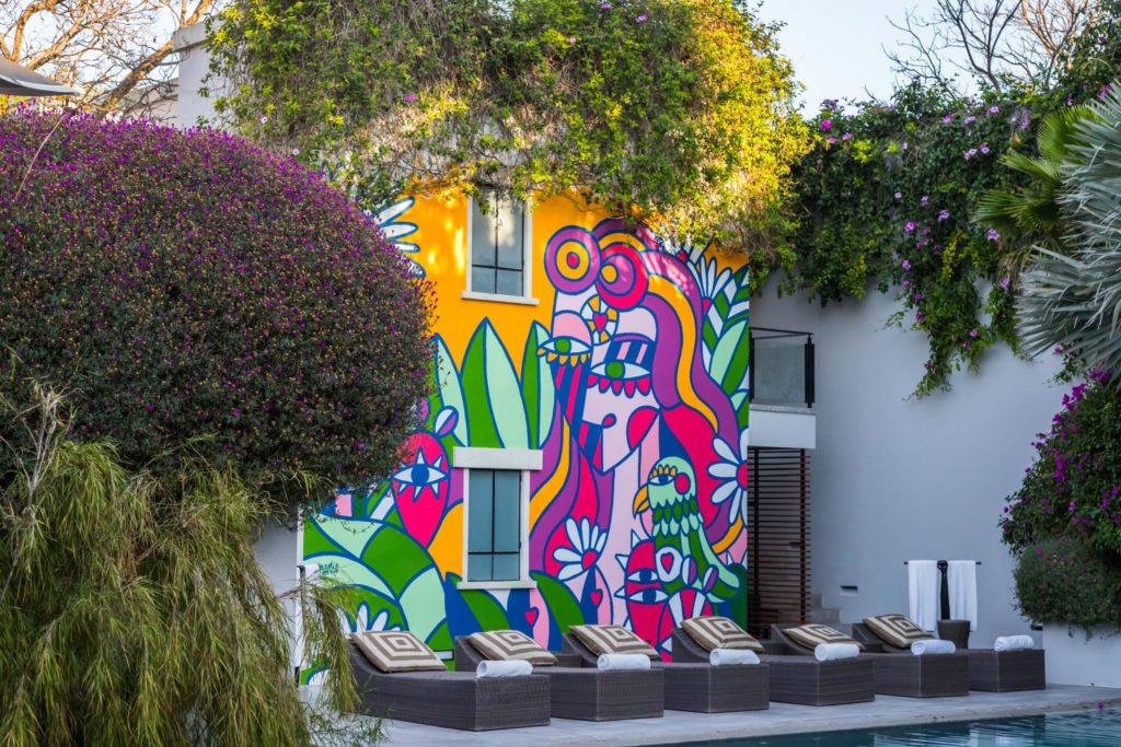 Colorful mural on the outside of the Hotel Matilda in San Miguel de Allende