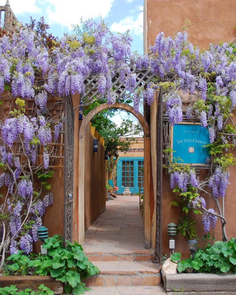 Wooden archway surrounded by purple flowers at the Inn of the Five Graces in Santa Fe, New Mexico.