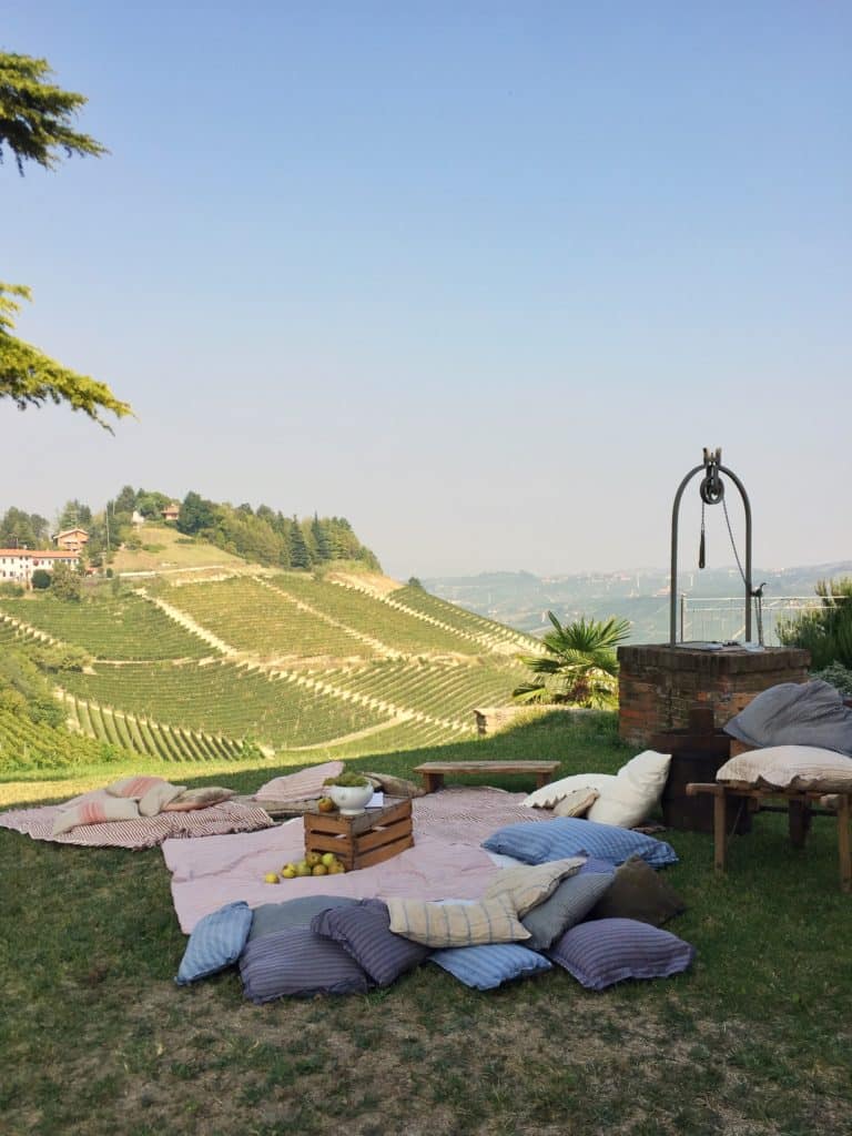 Picnic blanket and pillows overlooking a vineyard in Italy.