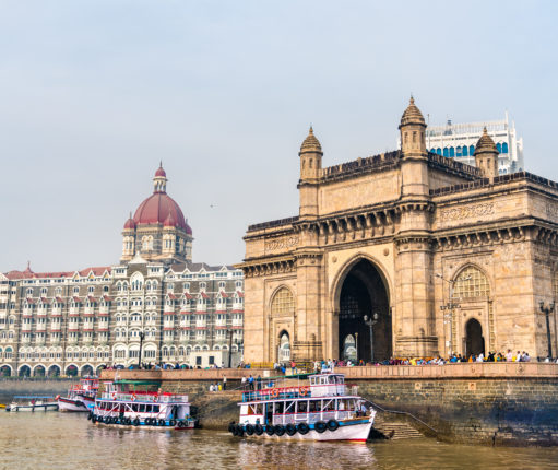 The Gateway of India and Taj Mahal Palace as seen from the Arabian Sea. Mumbai - India